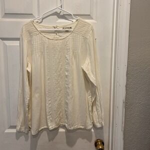 RuffHewn Ivory Boho Embroidered Pintuck Peasant Blouse Long‎ Sleeve Large